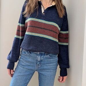 Vintage Striped Corduroy Collared Button Front Wool Henley Sweater In Navy
